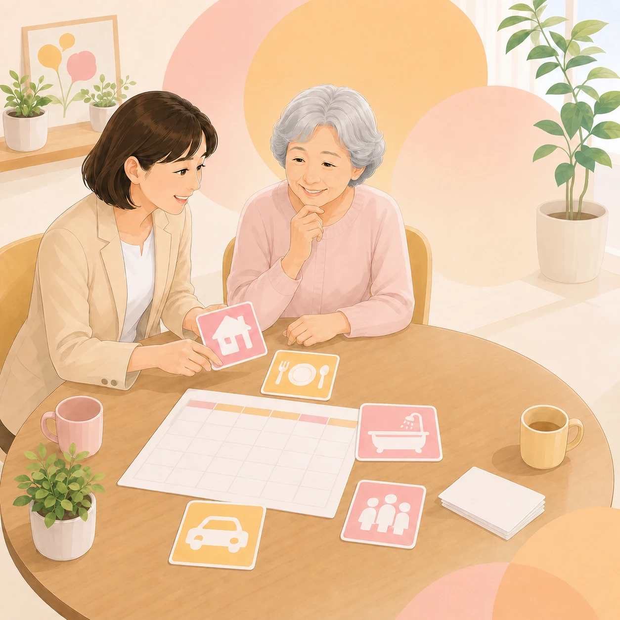 ケアマネジャーと利用者さまがサービスカードを使ってケアプランを相談するイラスト