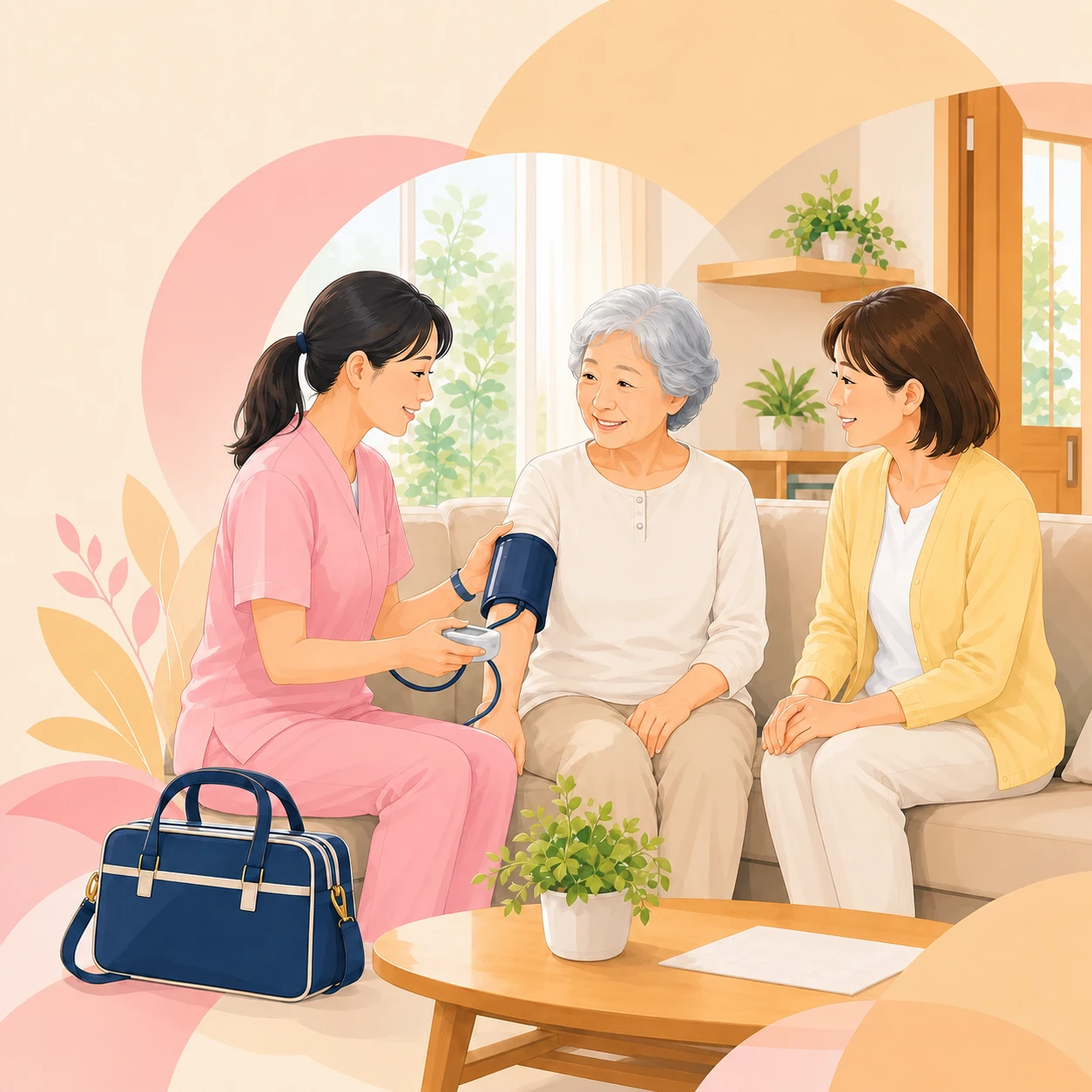 ご自宅で訪問看護師が利用者さまの血圧を測定し、ご家族と見守るイラスト